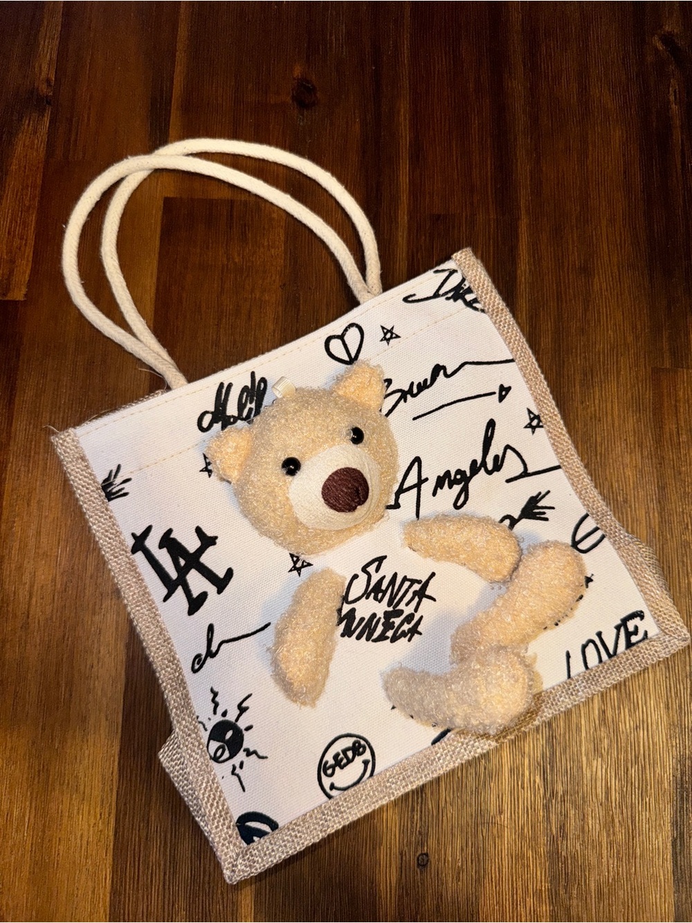 Cute Teddy Bear Mini Canvas Tote Bag - LA Graffiti Print - Bear - Handheld Bag